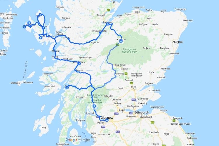 Scotland Highlands road trip itinerary map